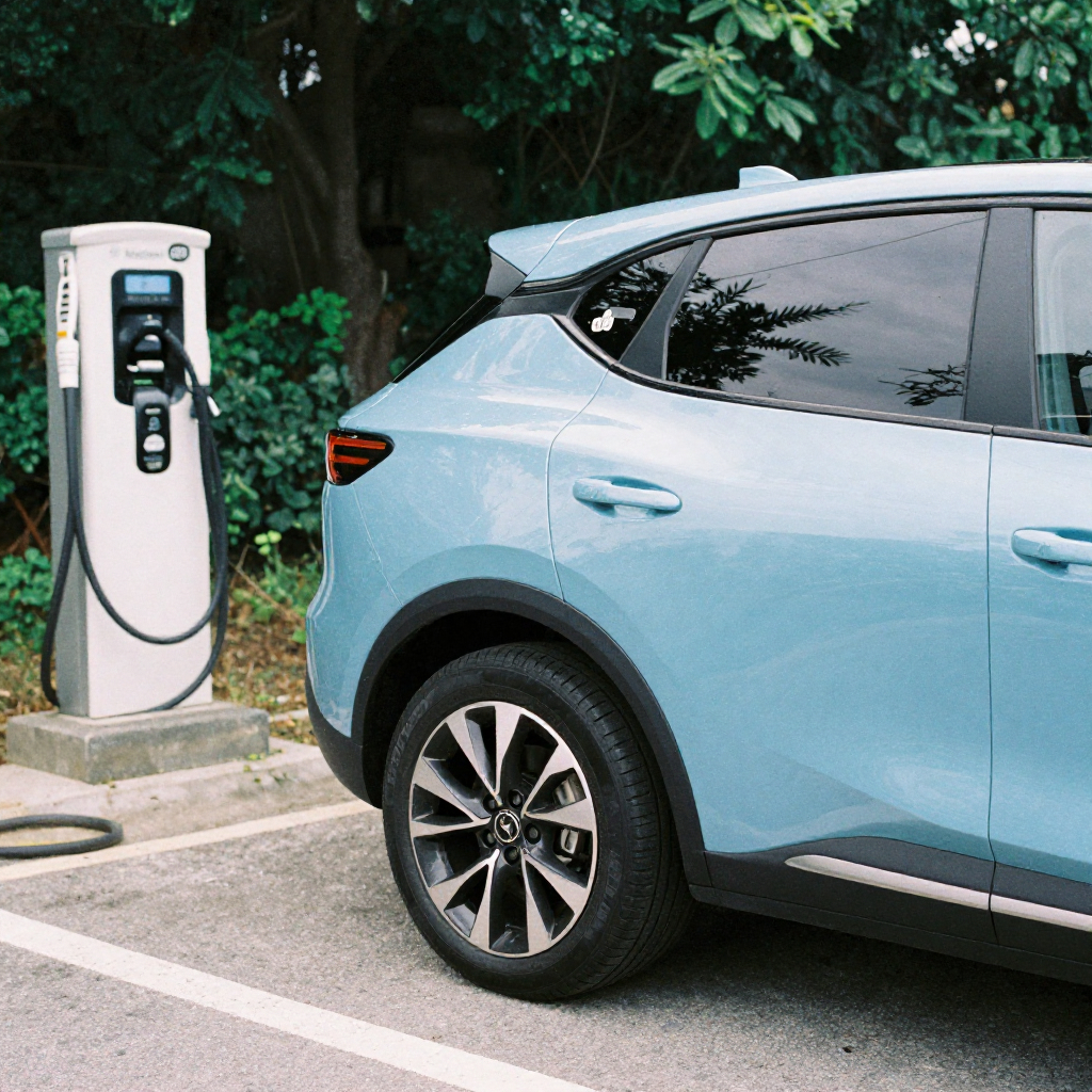 compact EV, pearl blue micro-SUV, alloy wheels, curbside charging station, realistic textures