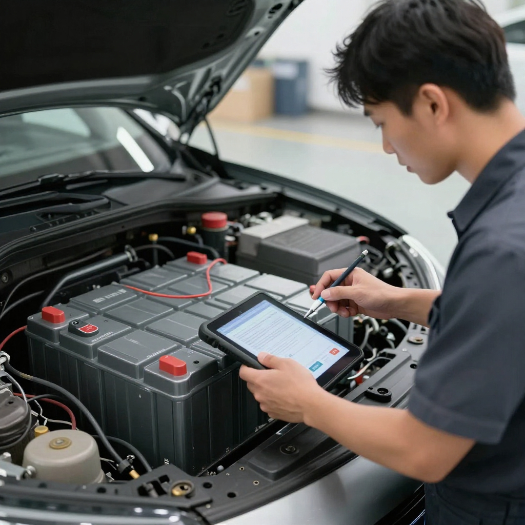This image shows the electrician is repairing an Electric Vehicle battery.
