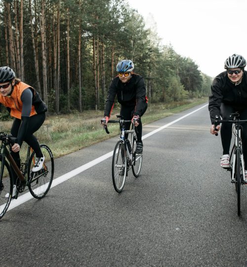 Projects 8 Three cyclists are enjoying a ride on a scenic forest road during the day.